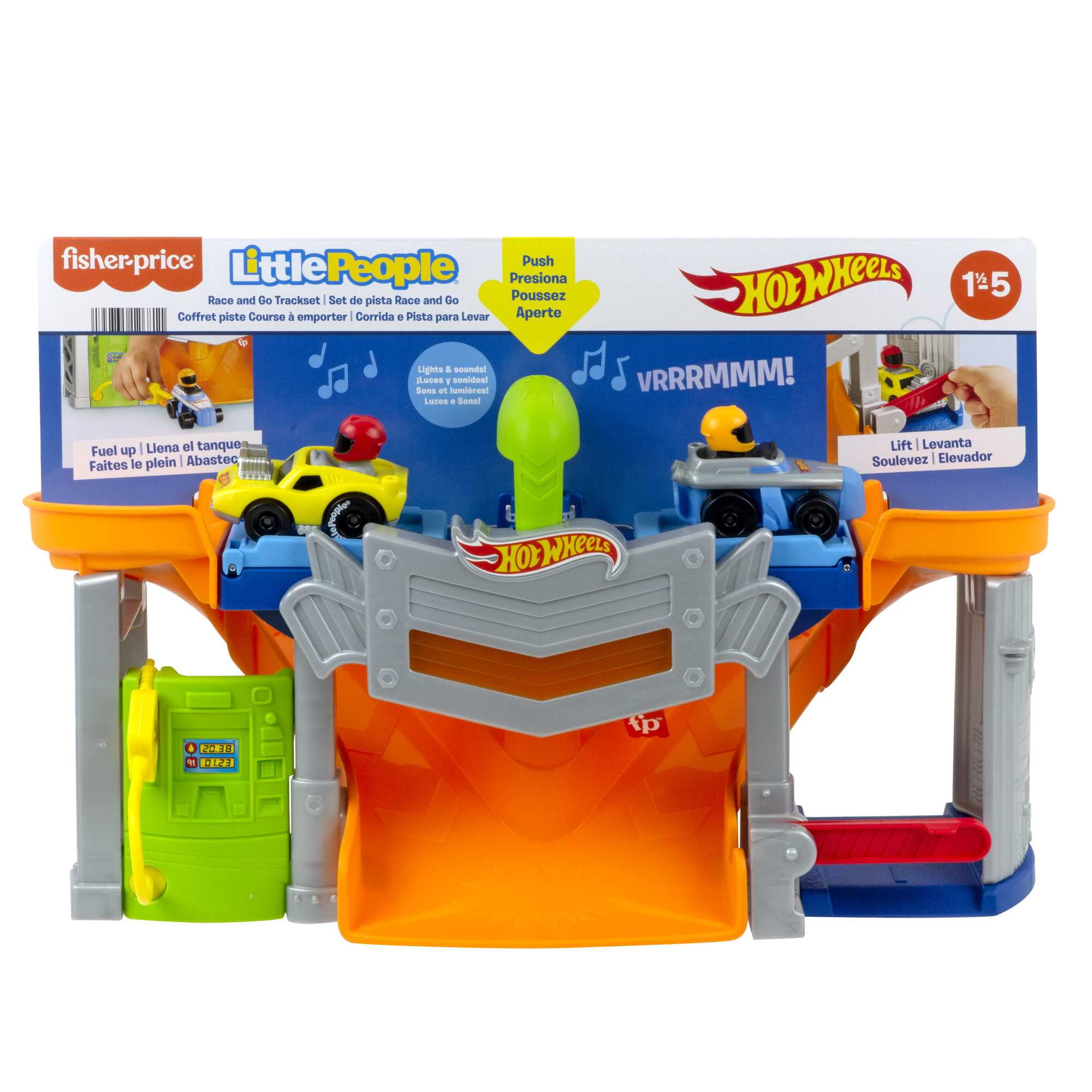 Fisher-Price Little People Hot Wheels Race Track for Toddlers, Race and Go Track Set, 2 Cars