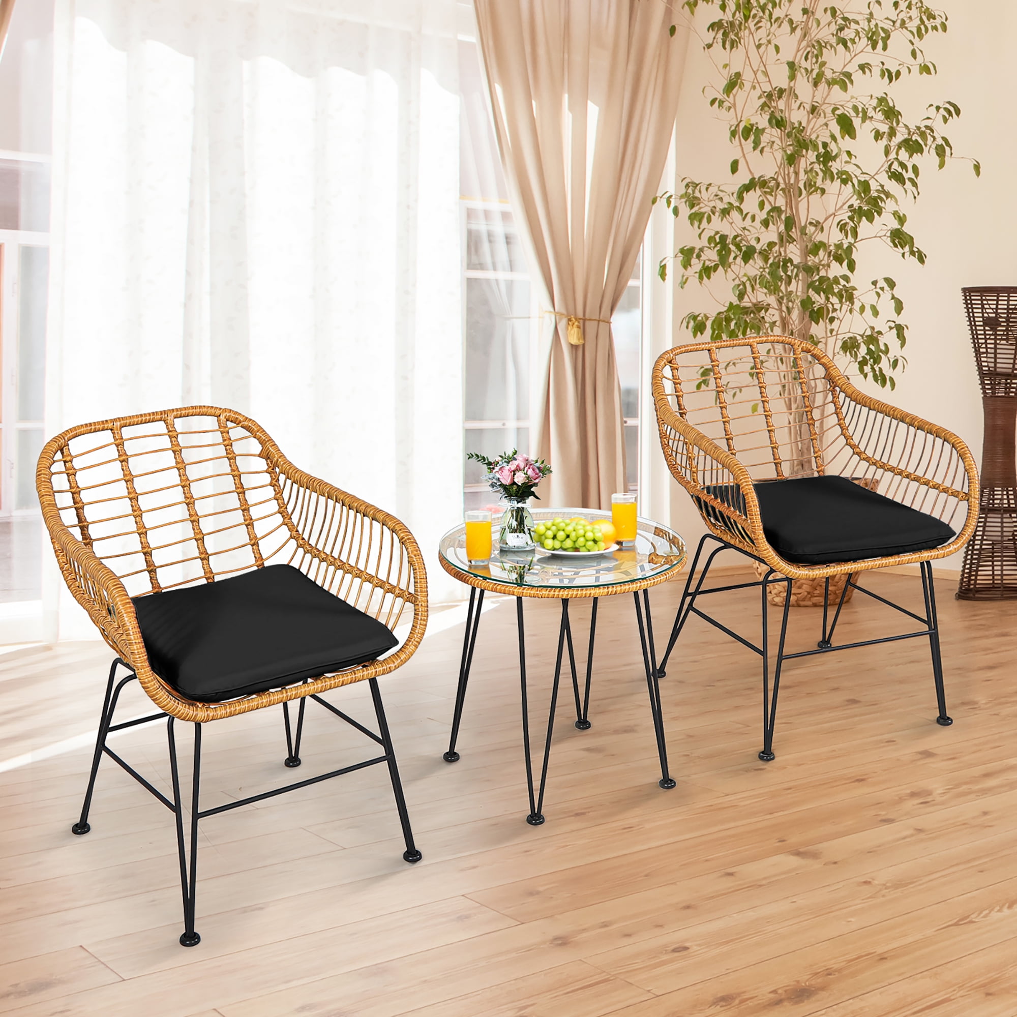 Costway 3PCS Patio Rattan Bistro Furniture Set Cushioned Chair Table Black