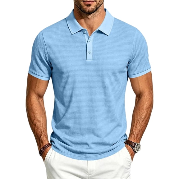 EANJE Polo Shirts for Men Waffle Short Sleeve Golf Shirts Casual 3 Buttons Solid Color Collared T Shirts Tops Light Blue M