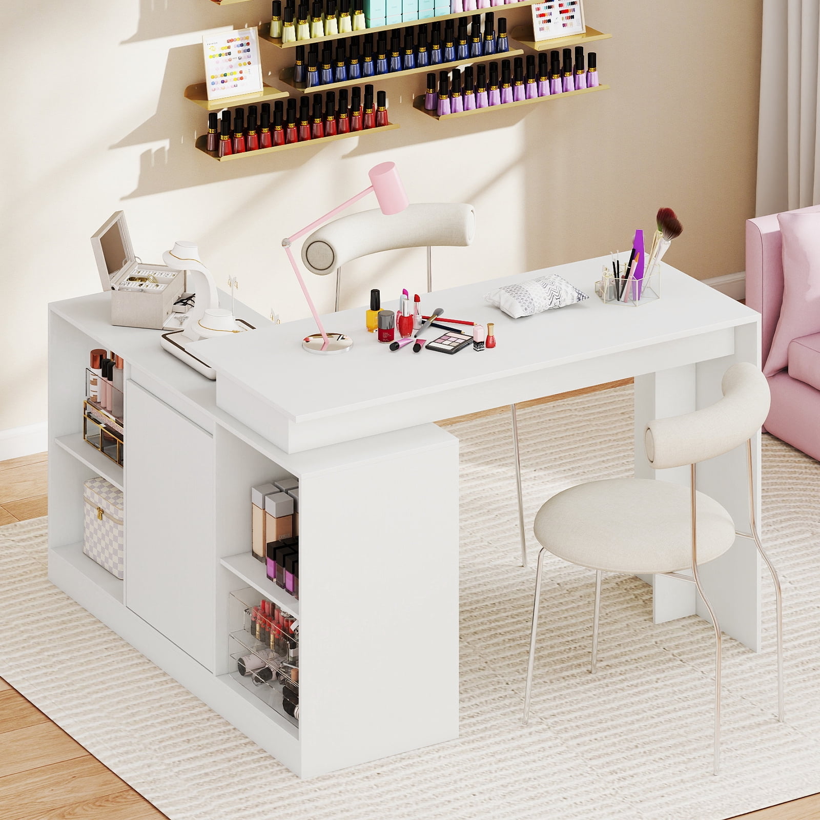 Gymax 48'' Reversible L-shaped Computer Desk w/2 Doors 4 Open Storage Cubes for Office White