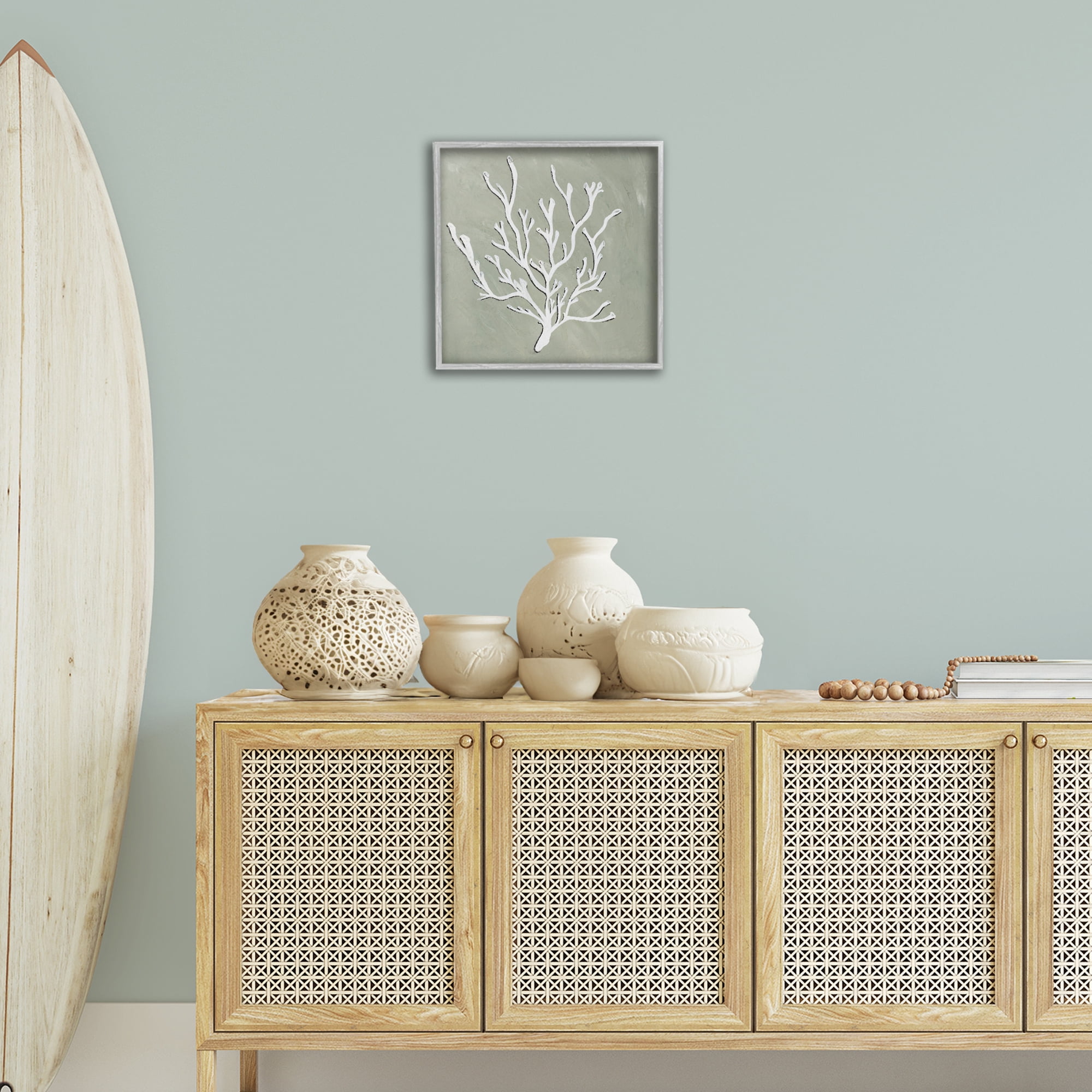 Stupell Industries White Coral Sprig Coastal Painting Gray Framed Art Print Wall Art, 17 x 17