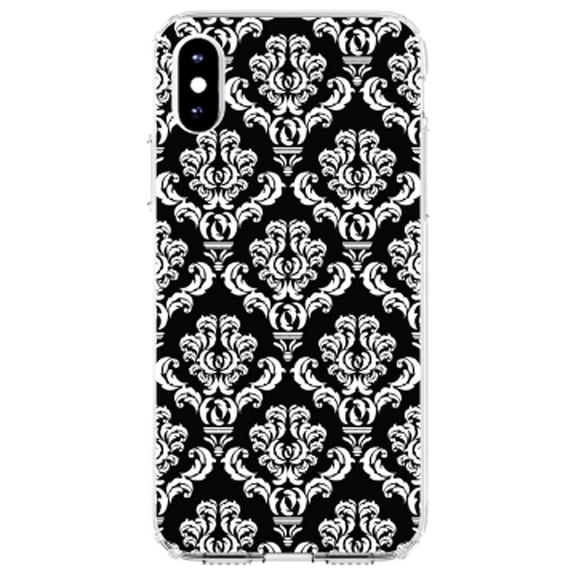 DistinctInk Clear Shockproof Hybrid Case for iPhone XR (6.1" Screen) - TPU Bumper, Acrylic Back, Tempered Glass Screen Protector - Black White Damask Pattern - Floral Damask Pattern