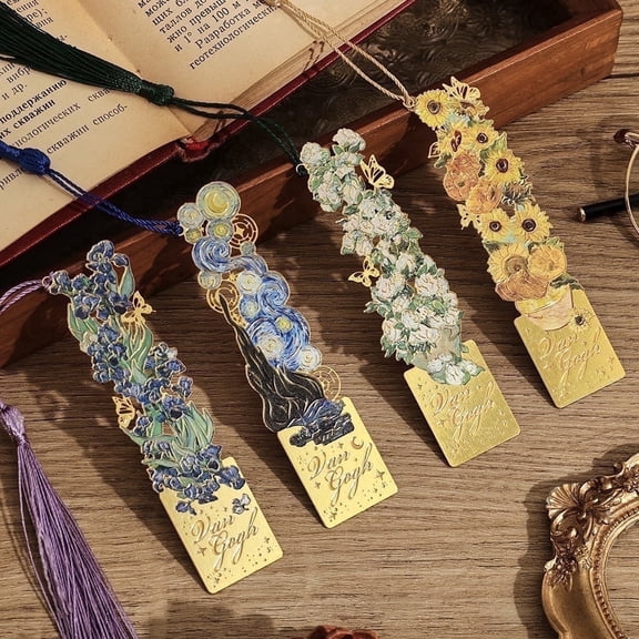 4Pieces Metal Bookmarks with Tassel, Golden Hollow Bookmark Monet Oil Painting Theme Book Mark Bookmarks for Book Lovers Writers Readers Children Teens for Women Adults Teen