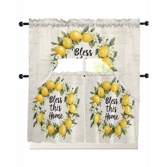 Summer Lemon Wreath Kitchen Curtains Swag Valance and Tier Curtains Set 36 Inch Length, Farmhouse Floral Leaves Beige Rod Pocket Drape Panels Pair Swag Curtain for Bathroom/Cafe/Window