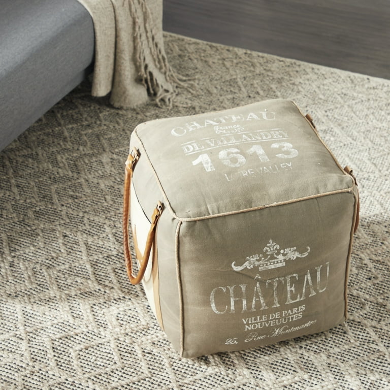 DecMode Rustic and Organic Square Ottoman Fabric Pouf features Grey Canvas and Brown Leather Handles with Crown and Star Shaped Designs 21