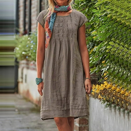 

Jsaierl Womens Cotton Linen Dresses Plus Size Summer Short Sleeve Midi Dress Cute Solid Color Round Neck Dress Breathable Cool Dresses 2023