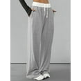 thumbnail image 5 of Women'S Contrast Color Waistband Sweatpants Wide Leg Pants with Drawstring Buckle Light Linen Gray M, 5 of 8