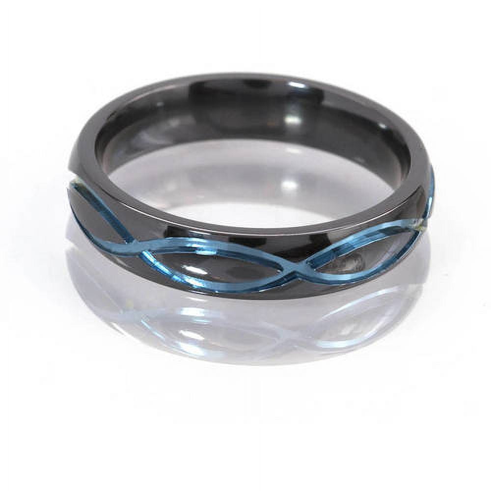 5mm Half-Round Black Zirconium Ring with the Infinity Symbol Anodized in Blue