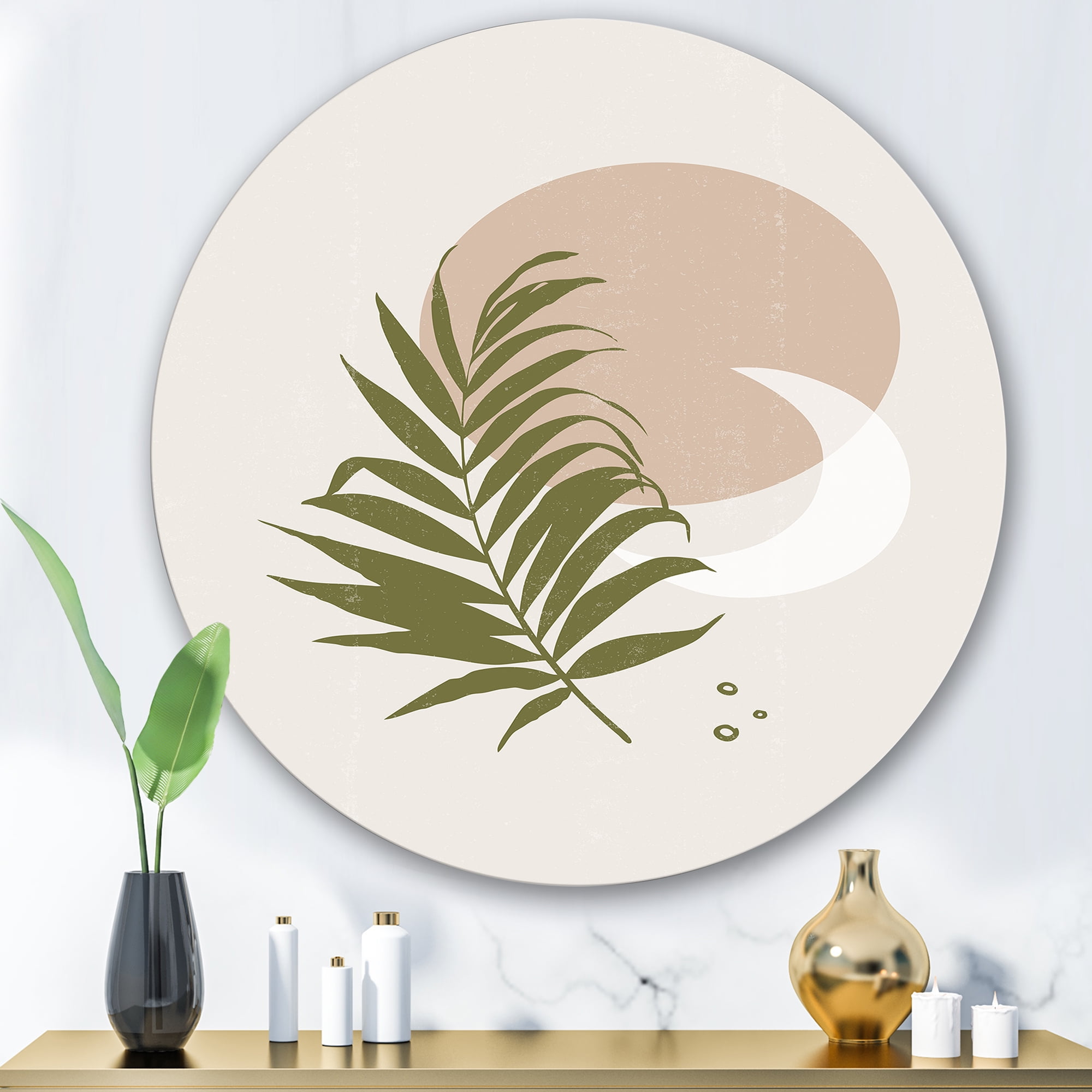 Designart 'Abstract Moon and Sun With Green Leaf II' Modern Circle Metal Wall Art 29x29 - Disc of 29