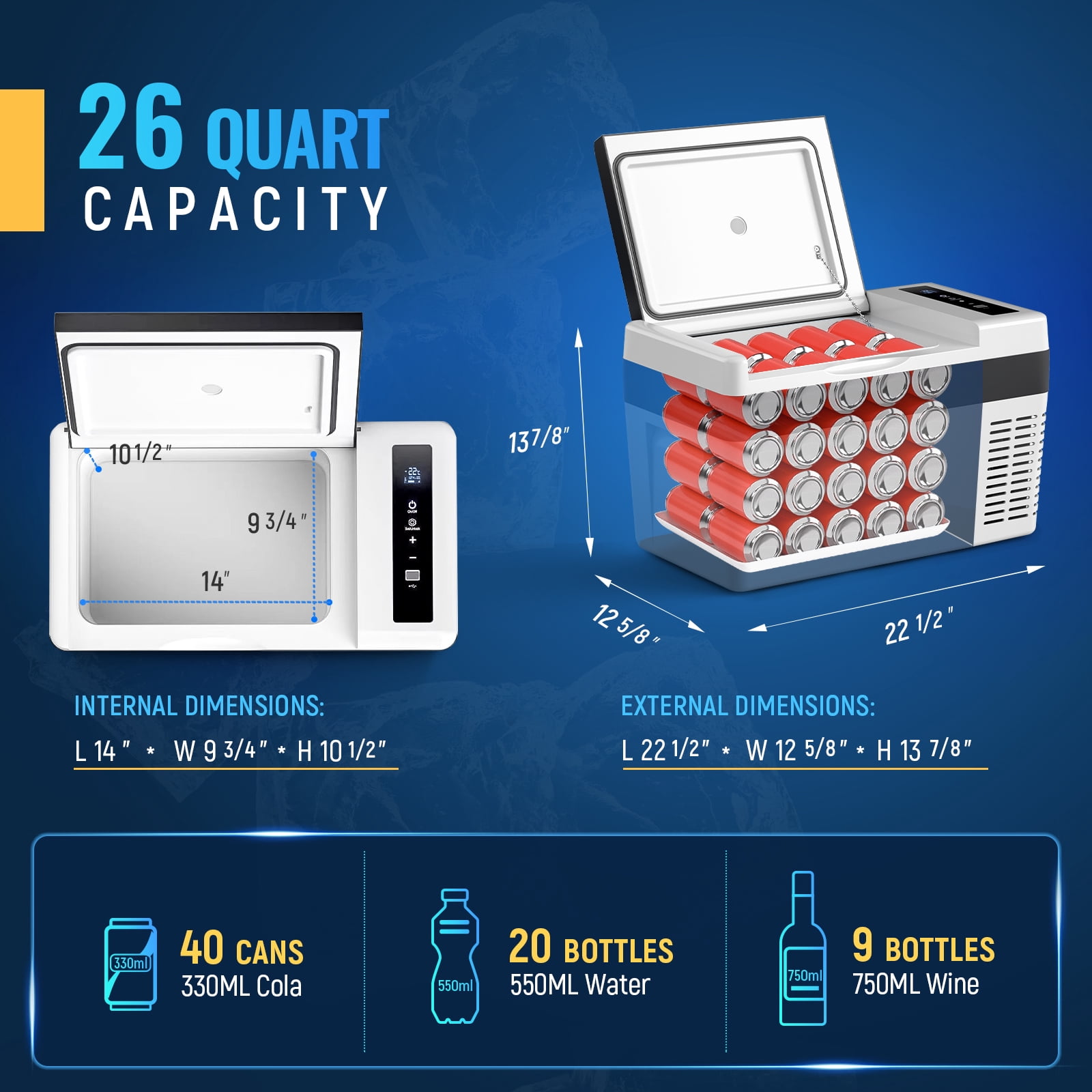 AA Products 12 Volt Car Refrigerator 26 Quart/25L, Portable Freezer Compressor Electric Cooler for Truck Car RV Home and Camping, 12/24V DC 110~240 Volt AC, -7.6℉~50℉ White