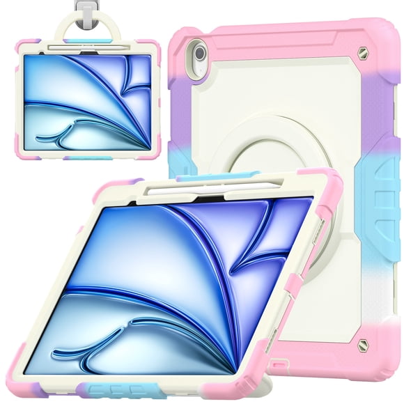 Case for iPad Air 13 inch/iPad Pro 12.9 inch (3rd/4th Gen), 360 Rotating Stand Handle Pencil Holder Shoulder Strap Heavy Duty Shockproof Cover, Rainbow Pink