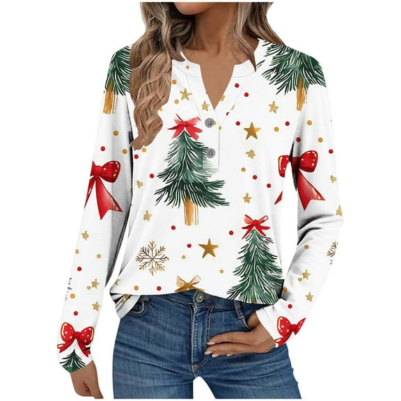 Festival Saving Womens Christmas Tops Casual Christmas Tree Print Long Sleeve Shirt Festive V-Neck Button Down Blouse Tops Fall Clothes My Items