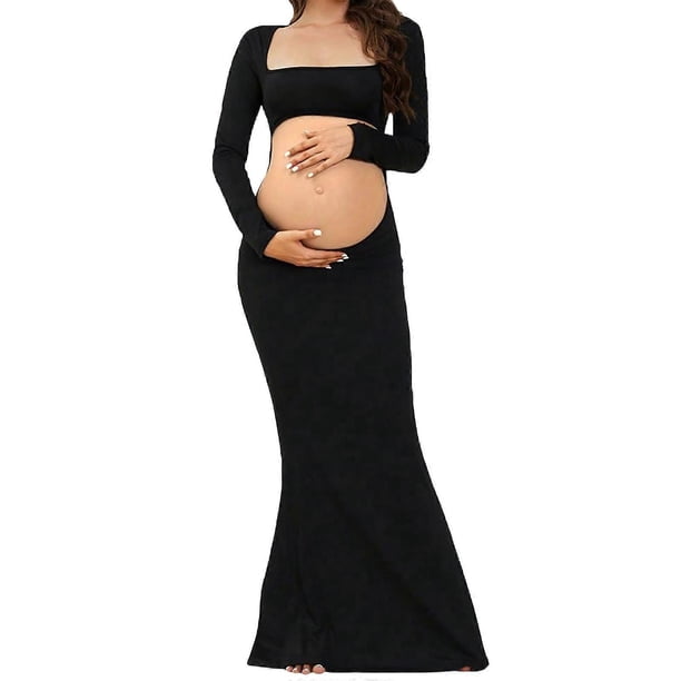 Open Back Design Dress Stretchy Fabric Feature Elegant Floor Length Hem Belly Cutout Detail Maternity Evening Dress Black XL
