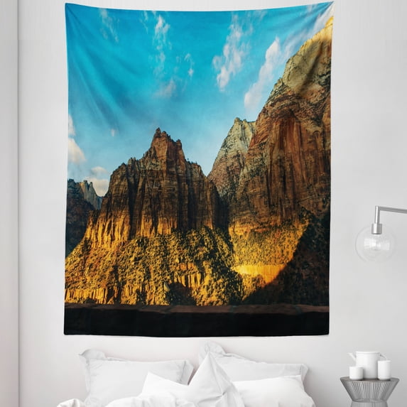 Landscape Tapestry, Zion National Park Americana Outdoorsy Southwestern Springdale, Fabric Wall Hanging Decor for Bedroom Living Room Dorm, 5 Sizes, Sea Blue Marigold and Brown, by Ambesonne