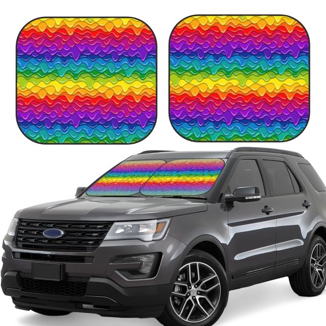 Balery Bright Rainbow Parasol para parabrisas de coche de 2 piezas | Parasol plegable para parabrisas delantero de coche para la mayoría de sedanes-Small