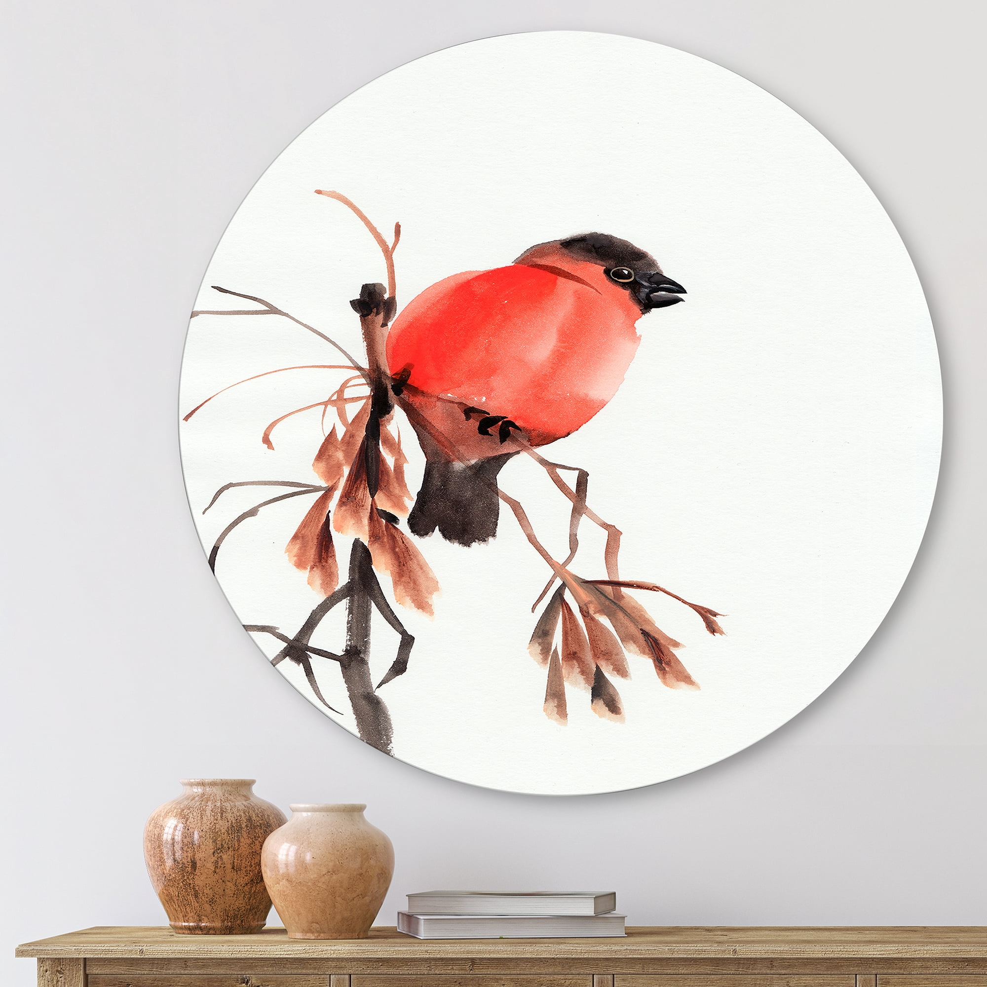 Designart 'Red Bullfinch Bird Sitting On A Branch' Traditional Circle Metal Wall Art 23x23 - Disc of 23