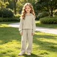 thumbnail image 6 of xaweyi Little Girls 2 Piece Outfit Ribbed Knit Cropped Hoodie Long Sleeve Top Wide Leg Pants Set Kids Fall Casual Clothes Size 12-13 Years, 6 of 6