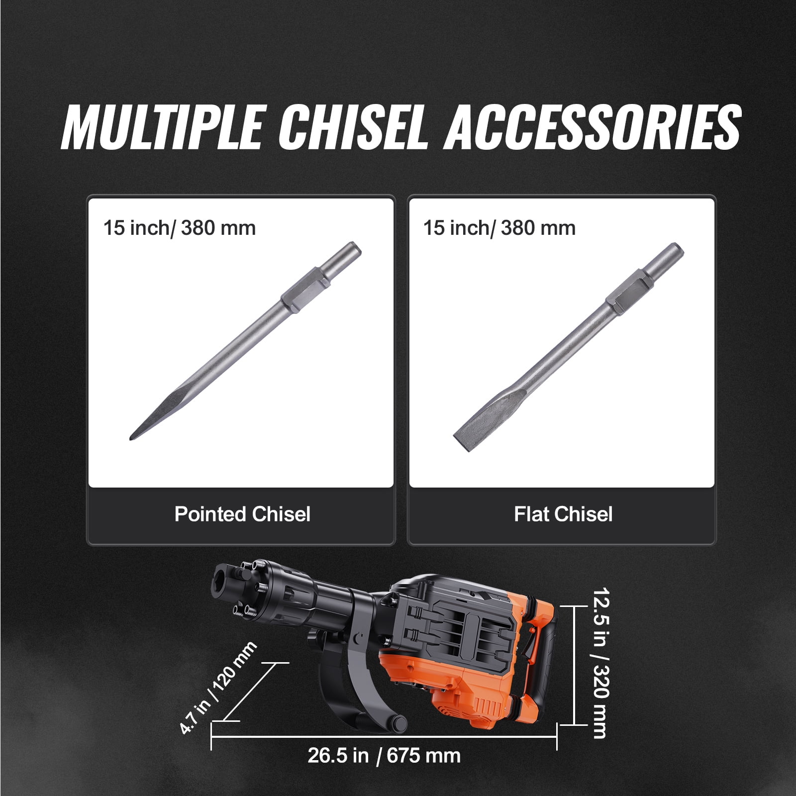 SKYSHALO 2 Chisel Heads Demolition Jack Hammer Concrete Cutter 3500W Electric Black