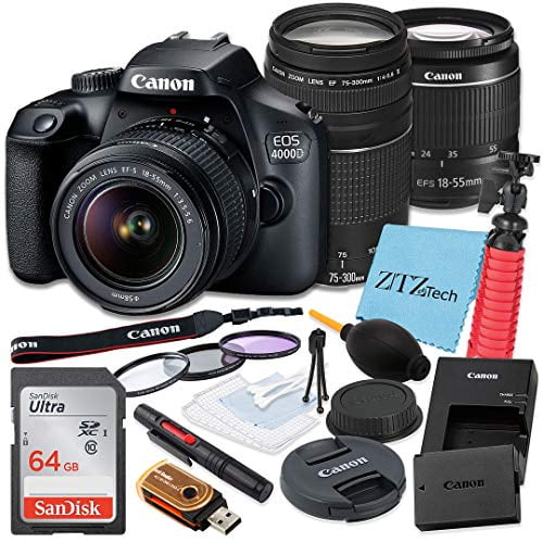 Canon EOS 4000D / Rebel T100 DSLR Camera 18-55mm f/3.5-5.6 Zoom Lens, SanDisk 32GB Memory Card, Tripod, 3 Pieces Filter (UV, CPL, FLD), ZeeTech Accessory Bundle (18-55mm + 75-300mm Lens, 64GB Card)