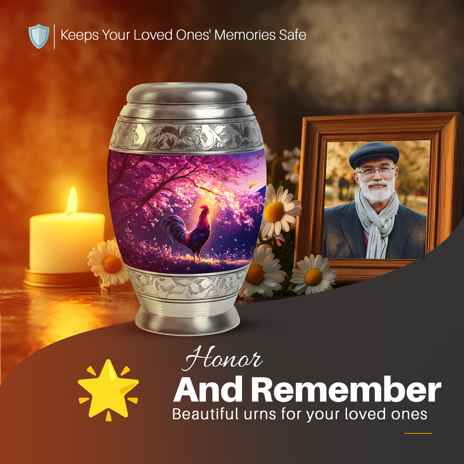 Yatskia Pink Blossoms Rooster Urn for Ashes Adult Male, Memorial Burial Urns for Human Ashes Adult Female, Mini Memorial Urns for Human Ash, (Monar 10 Inch and 3 Inch)