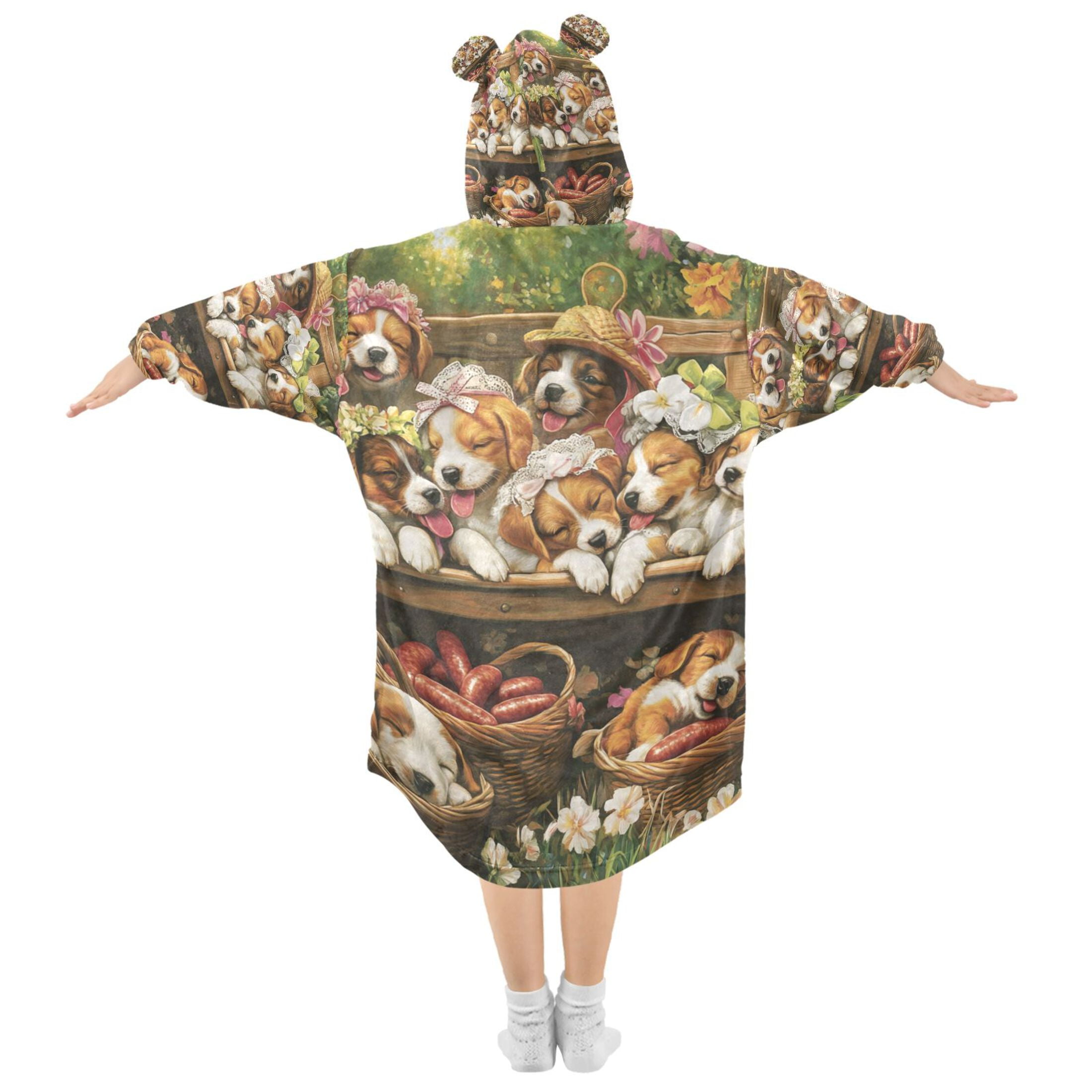 YAZAOO Kids Wearable Blanket Hoodie Warm and Cozy Puppy Playdate in Bloom Flannel Sweatshirt