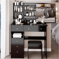 JERFIT 37 Inch Modern Vanity Table with Sliding Mirror, Stool & Large Storage, Black Dresser for Bedroom