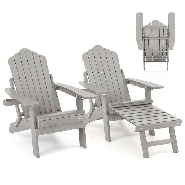 Gymax 2 PCS Folding Adirondack Chair HIPS Fire Pit Chair w/ Adjustable Backrest Gray