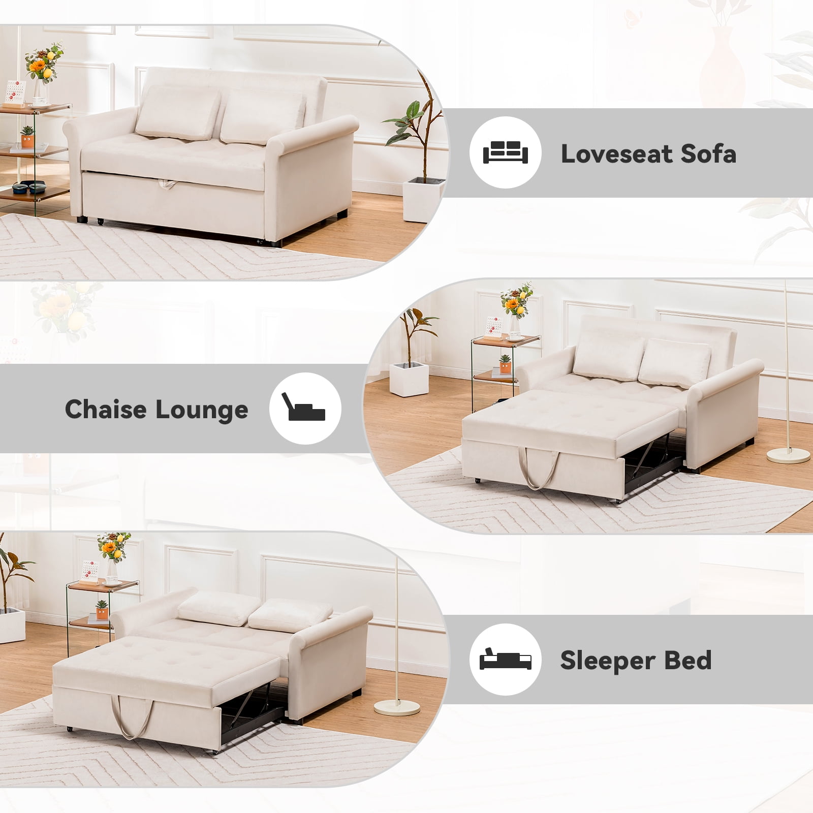 COMHOMA Convertible Sofa Bed 55'', 3-in-1 Sleeper Sofa with Pull-Out Bed, Futon Sofa with Reclining Backrest and 2 Pillows, Loveseat Sleeper Couche for Living Room, White