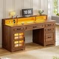 thumbnail image 2 of 60'' Farmhouse Executive Desk with Drawers, Computer Desk with Power Outlet and LED Lights for Home, Office, Brown, 2 of 8