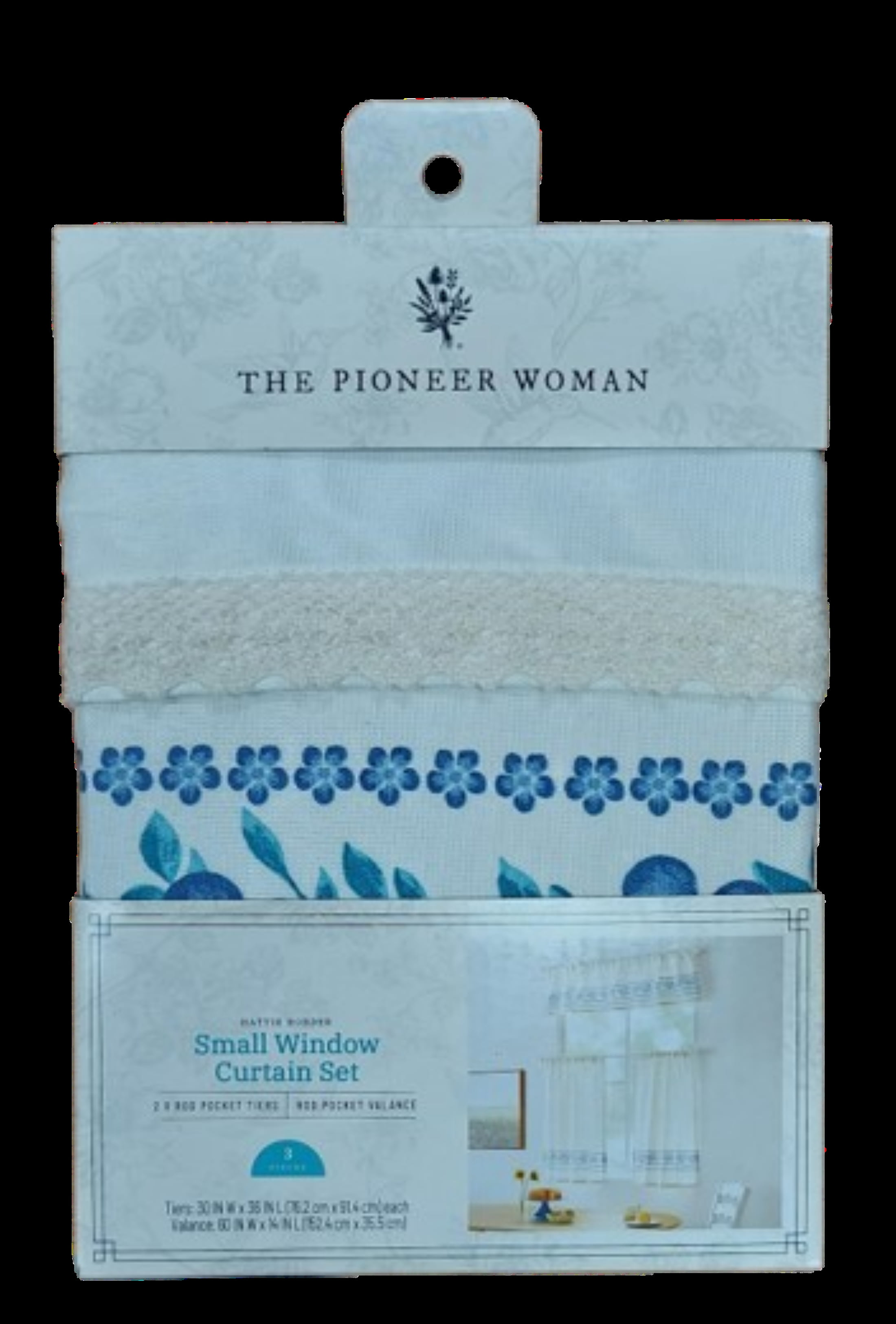 The Pioneer Woman Hattie Border 3-Piece Tier Curtain Set, Teal/Blue-Green, 60 in x 14 in