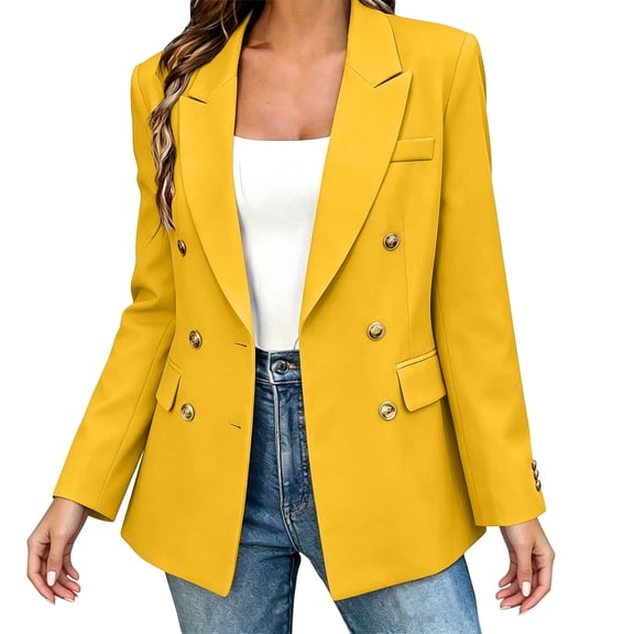 XPMWRP Women's Double Breasted Gold Button Blazer Notch Lapel Long Sleeve Solid Casual Suit Jacket Pockets for Business Office Daily Travel Yellow XS
