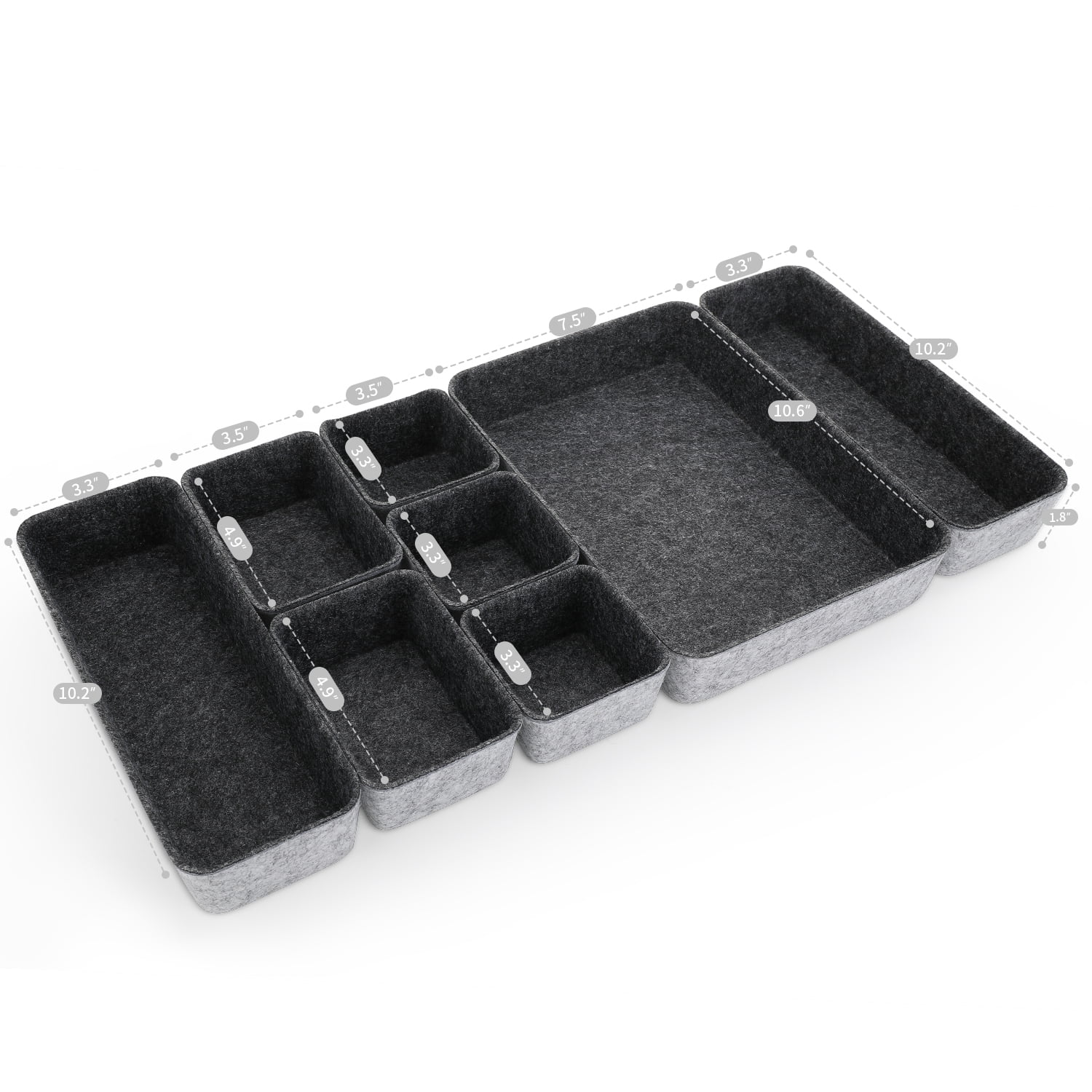 Welaxy desk drawer organizer tray shallow felt storage bin soft but sturdy sort for office suppliers makeup pen keys craft brush decluttering 8-piece sleek minimalist lifestyle (Charcoal)