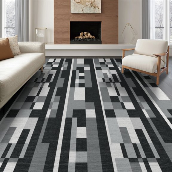 ODIKA 8'x10' Washable Area Rug Non-Shedding, Easy Care, Grey Abstract Striped Grid Design Mid Century Minimalist Vertical Blocks for King Size Bedroom Under Bed, Master Suite