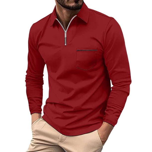 Camiseta de manga larga con solapa para hombre - Camisetas lisas informales para las fiestas - Tejido de poliéster - Tallas S-XXXL