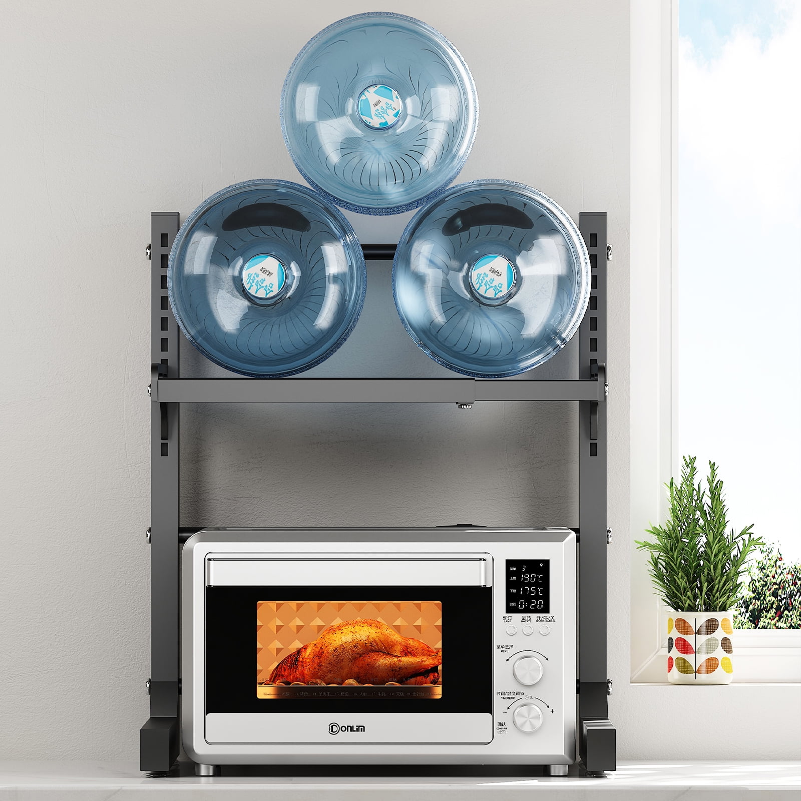 ABCOOL Retractable Adjustable 2 Axial Snap-in Kitchen Baker Microwave Oven Rack, 2 Tier Expandable and Height Adjustable Carbon Steel Shelf Counter Countertop with 3 Clip Hooks, Electric Oven Holder