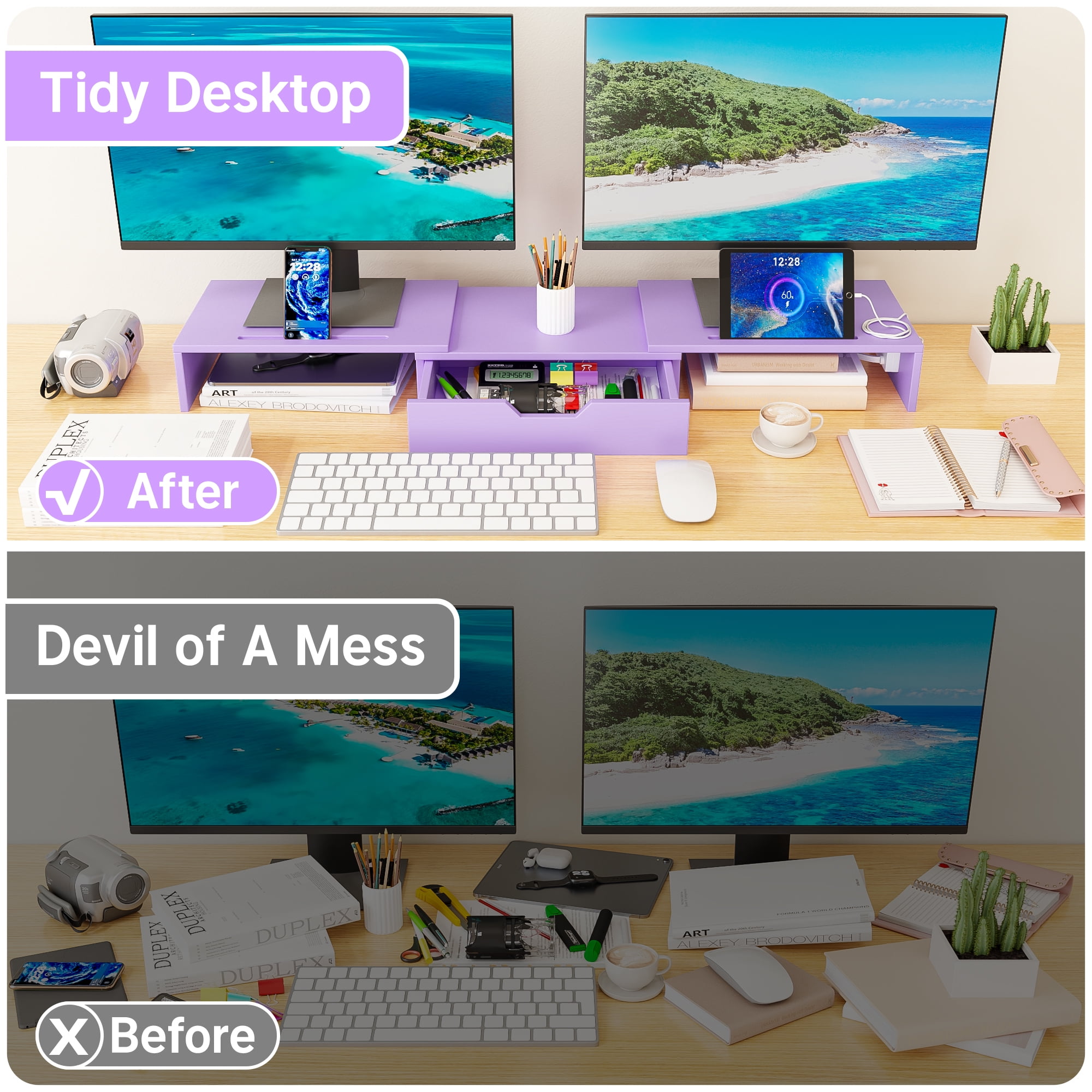 Yoneston Dual Monitor Stand Riser with Charger, Adjustable Length and Angle Desk Organizer with Drawer, Computer Monitor Stand with Phone Holder for PC, Laptop, Printer, Purple
