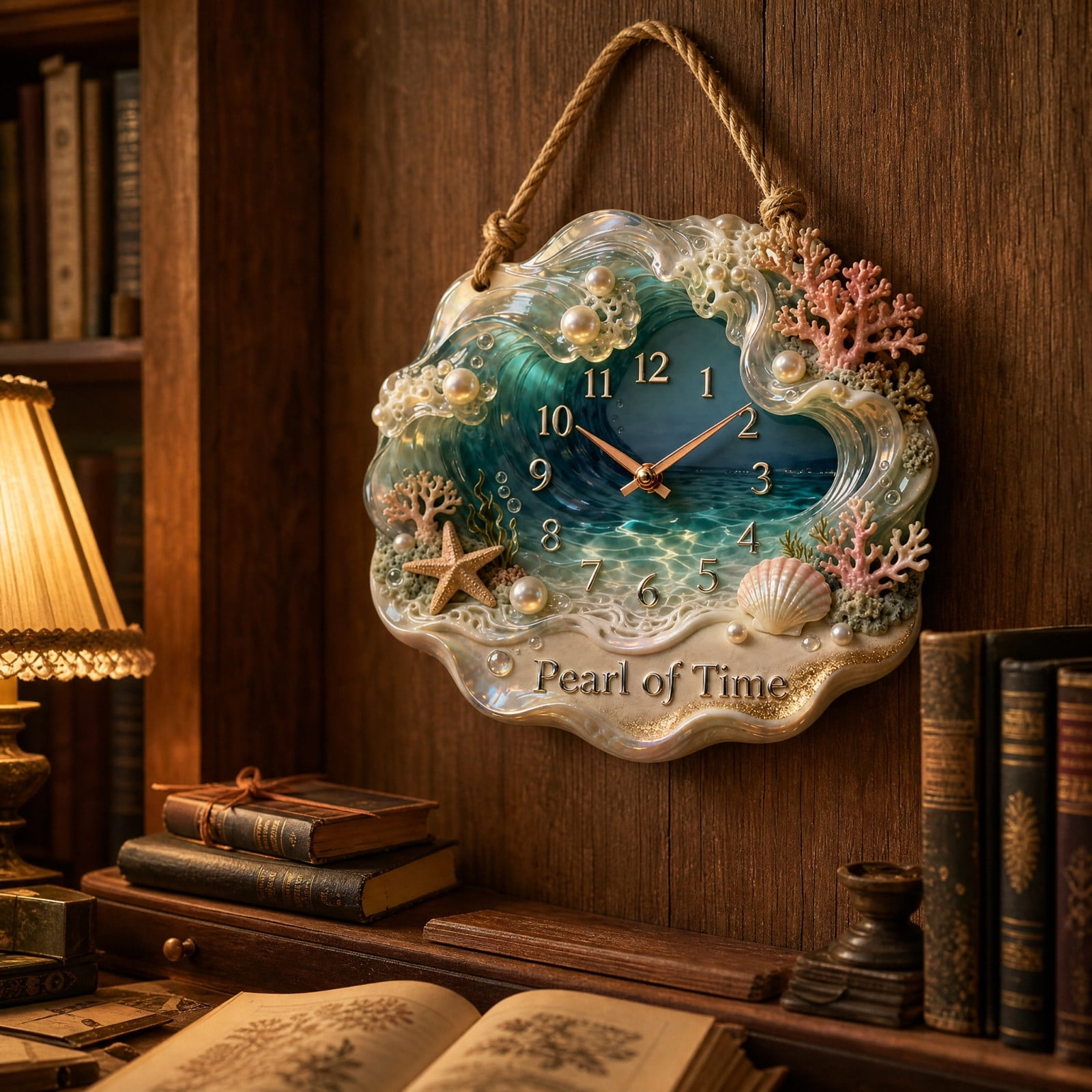 Linnome Decorative Pearl of Time Shell Wall Clock Silent Non-Ticking - Beach Themed Hanging Clock with Rope - Nautical Ocean Coastal Wooden Wall Clock for Bathroom Bedroom Home Decor
