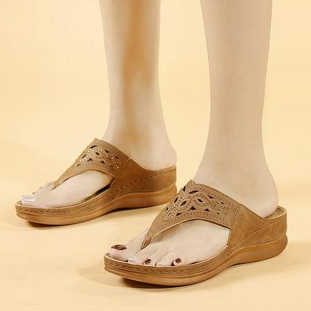 

〖Yilirongyumm〗 Khaki 42 Sandals Women Wedges Beach Women Toe Slip-On Shoes Embroidery Breathable Open Sandals Summer Women s Sandals