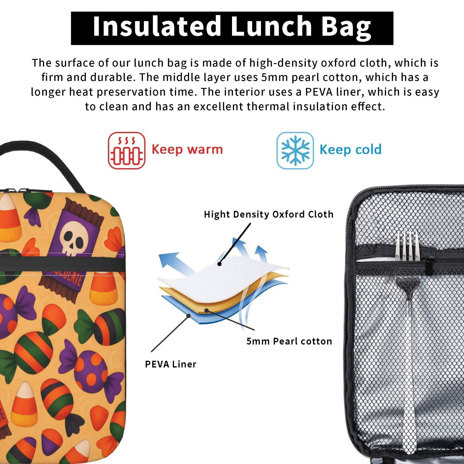 Lunch Bag For Women Men Insulated Portable Lunch Box Bento Box Office Picnic Travel Cooler Bag Halloween Candy Pattern