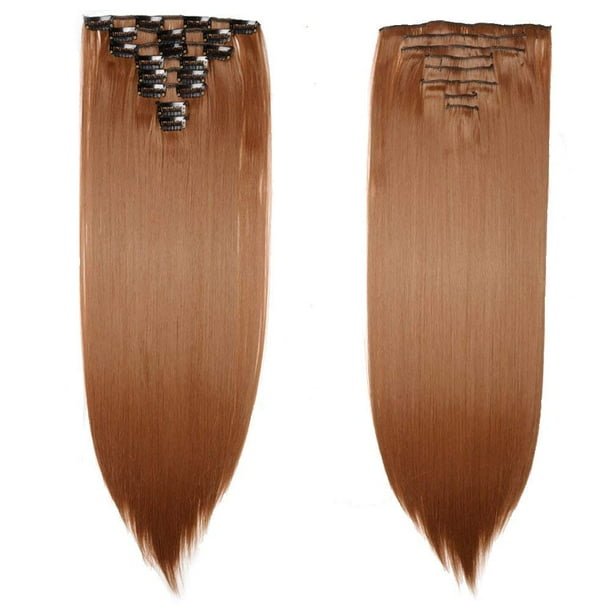 Extensiones de cabello Benehair con clip, 8 piezas, 23 pulgadas, postizos sintéticos largos y rectos, extensiones de cabello castaño claro, postizos de doble trama para mujeres, cabeza completa, Cospl