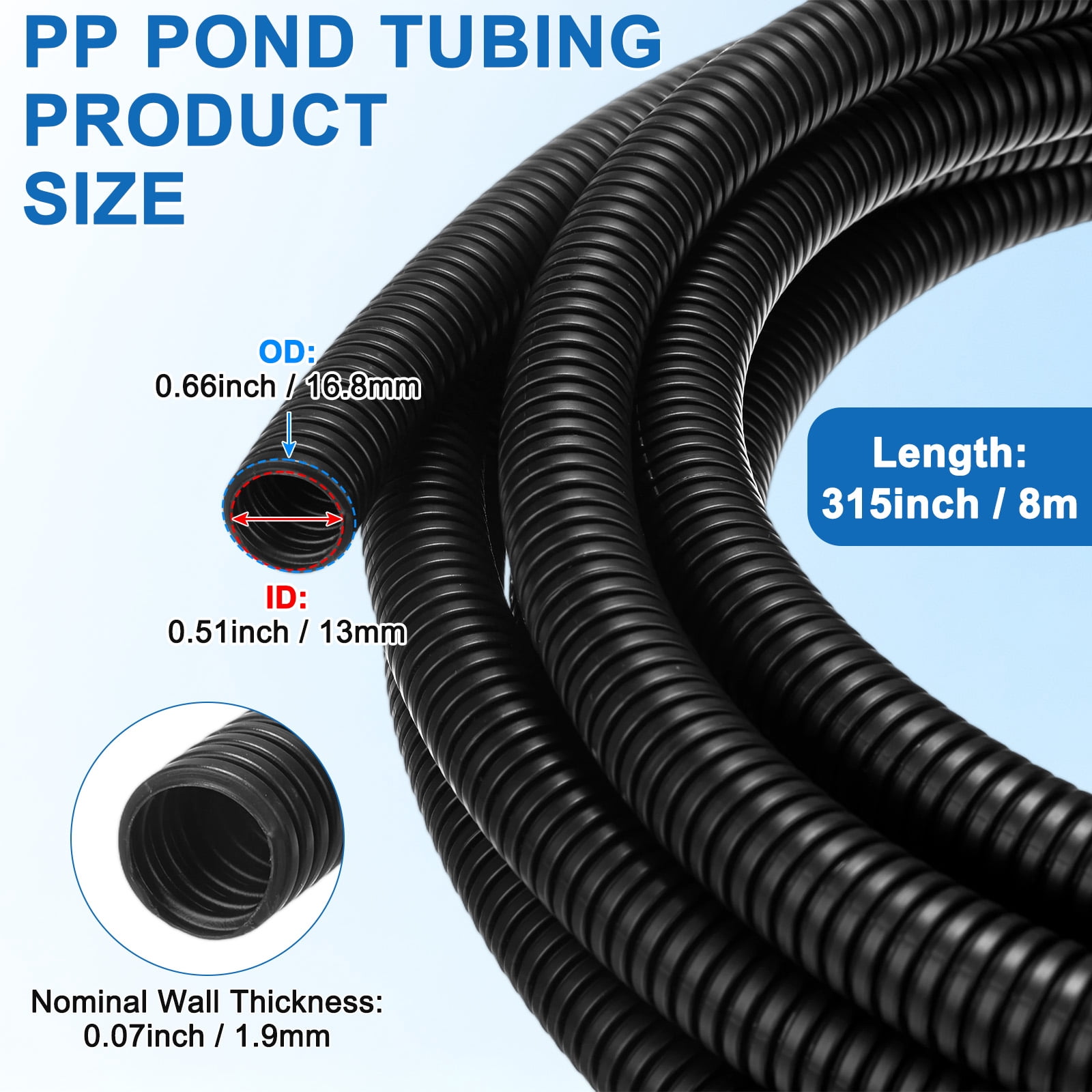Uxcell 1/2" ID Pond Tubing, 26ft Corrugated Flexible Reinforced PP Hose Pipe Pump Tube for Garden Ponds/Waterfall Sump Pump Hose [Black]