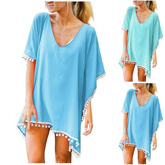 Eiyaclvo Women Chiffon Tassel Swimsuit Cover Up Beach Coverups for Swimwear Summer V Neck Bikini Cover Ups Oversized Bathing Suit Coverup Shirt Dress