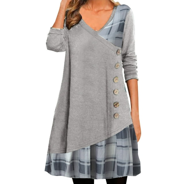Kcodviy Robe Femme à Manches Longues Évasée en V Robe à Encolure Patchwork Robe Décorée Tunique Grande Taille Robe à Boutons Robe à Imprimé Carreaux