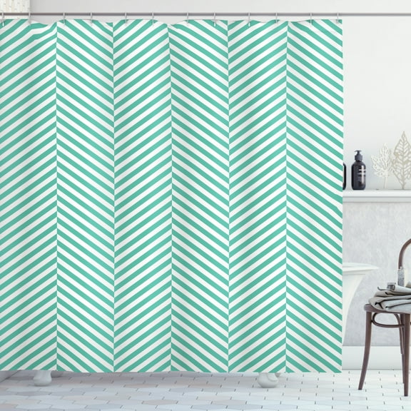 Geometric Shower Curtain, Geometric Line Pattern Zig Zag Stripes Chevron Style Minimalist Design, Fabric Bathroom Set with Hooks, 69W X 70L Inches, Sea Green and White, by Ambesonne