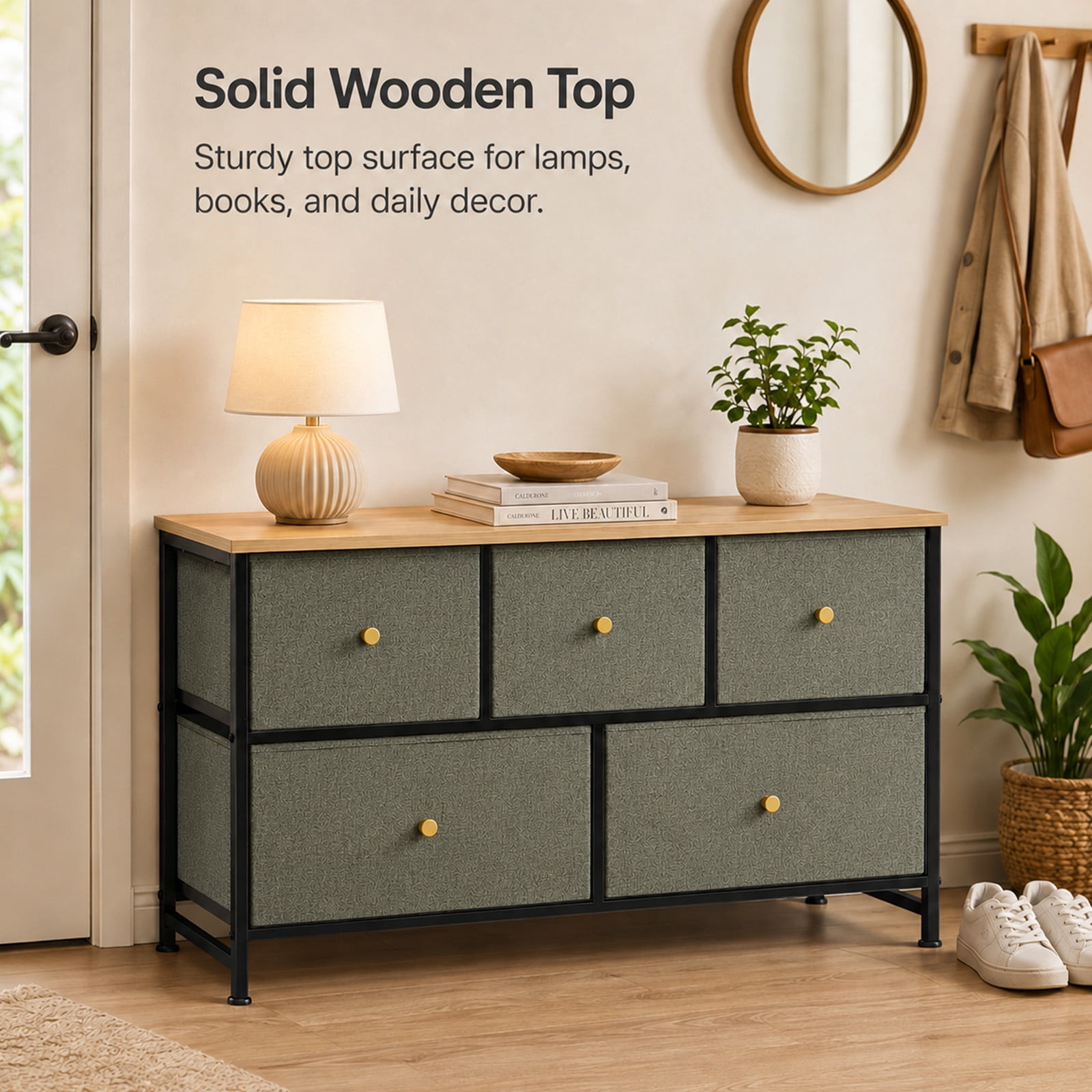 Alvantor 5/7 Drawer Fabric Dresser, Storage Tower for Bedroom and Closet, Chest of Drawers with Sturdy Steel Frame & Wooden Top for Living Room, Entryway