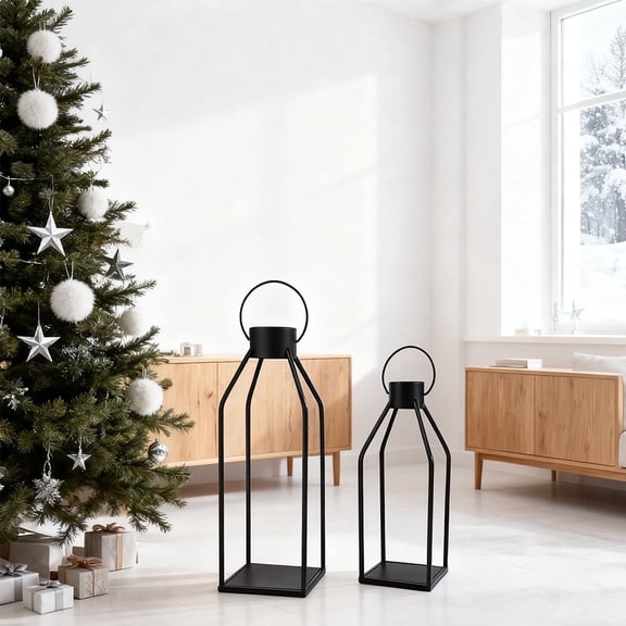 Yucurem Modern Farmhouse Lantern, Indoor Outdoor Metal Holder for Front Porch & Patio, 12" & 17" Set of 2, Rustic Lantern Decorative