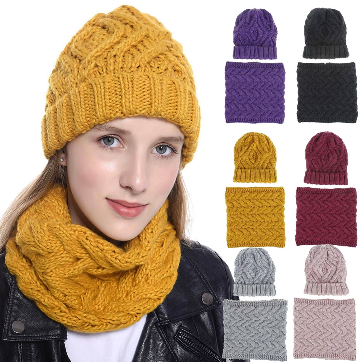 2PCS Winter Beanie Hat Scarf Set Women Men Slouchy Scarf Warm Knitted
