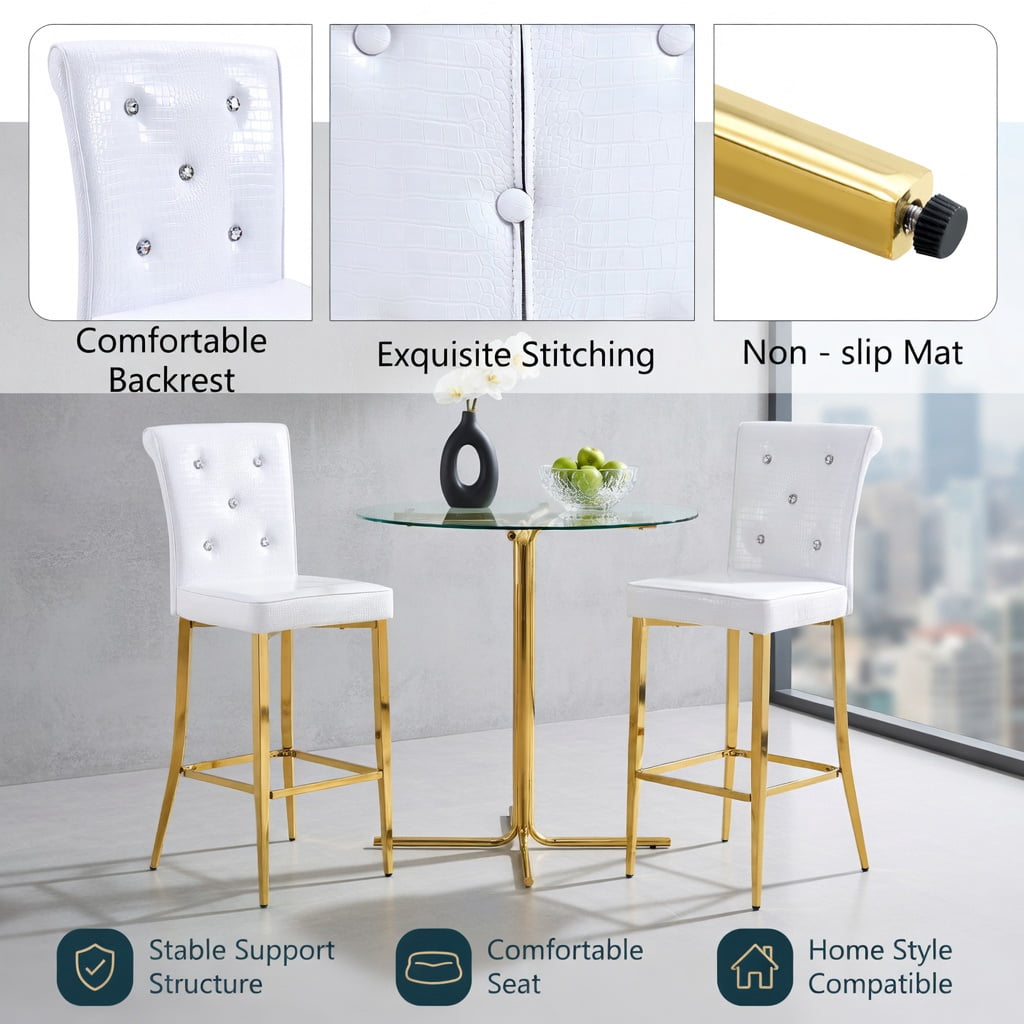 Hommoo 2-Pack Vintage Faux Crocodile Bar Chairs with Crystal Buckle Accents, Waterproof PVC Leather, Easy Assembly, White
