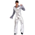 thumbnail image 2 of iiniim Men Shiny Metallic Jumpsuits 70s Disco Dance Leotards Stage Performance Costume Wide Leg Rompers Silver S, 2 of 7