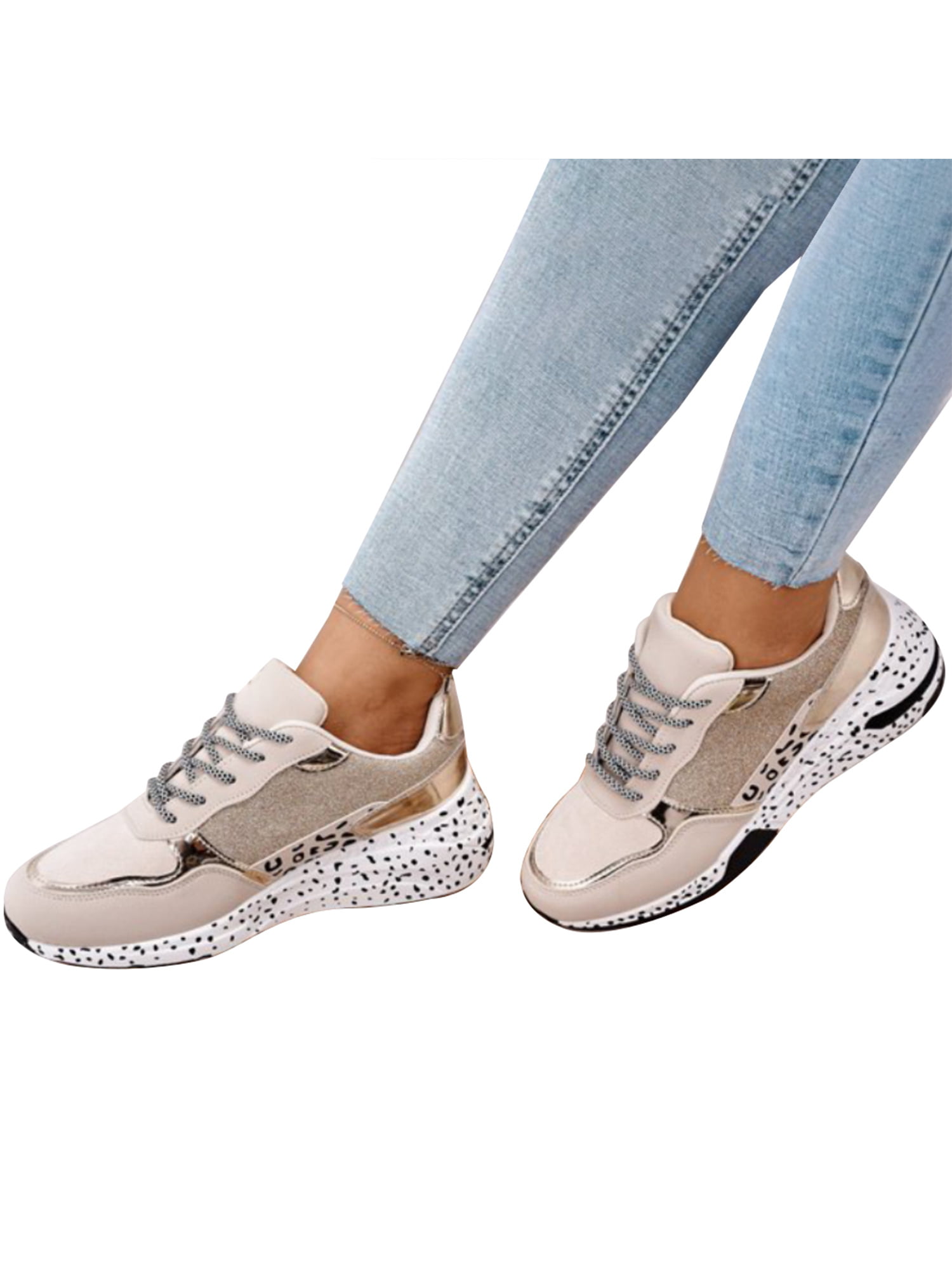 Womens Square Toe Platform Sneakers Lace-Up Thick Sole Fashion Plaid Printing Wedges Sport Shoes